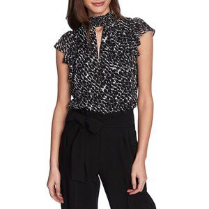 New 1. STATE Medium Animal Print Flutter Sleeve Keyhole Blouse NWT